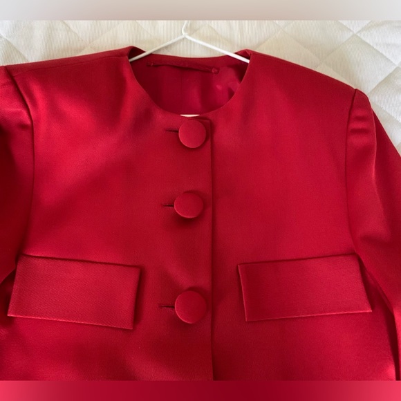 Bright red custom tailored classic chique blazer jacket collarless button-down L - Picture 10 of 13